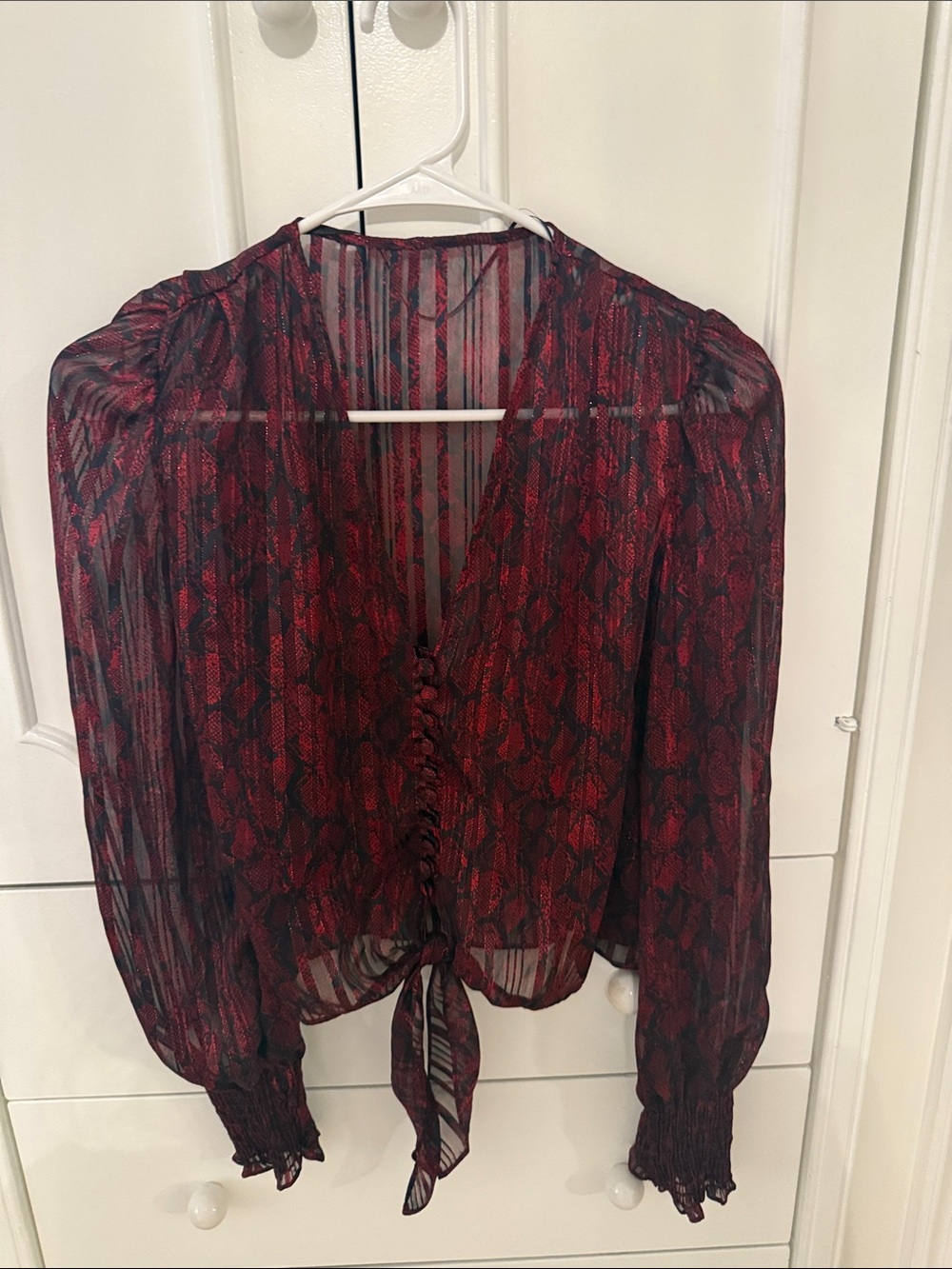 Zara Red and Black Sheer Snake-Print Tie-Front Blouse
